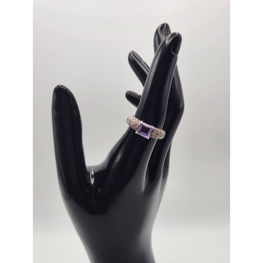 JC 925 Sterling Silver Princess Cut Amethyst Pave Cubic Zirconia Ring Size 6.5 - Picture 2 of 7